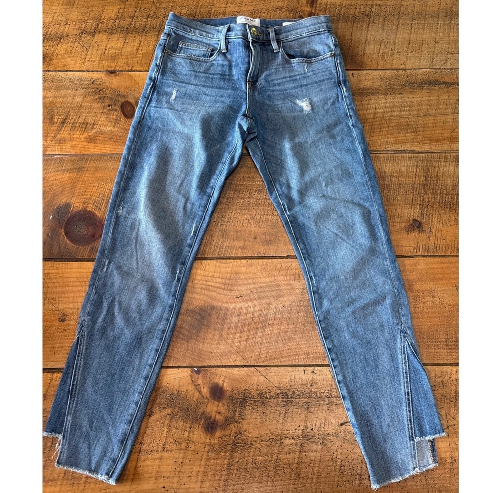 FRAME Womens Le Boy Beaudry Blue Jeans Distressed Gusseted Raw Hem Denim 25